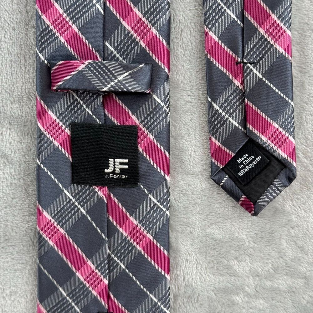 J.Ferrer Tie Grey Pink Striped Plaid Polyester 3"x57" Wedding Formal Business JF - Picture 3 of 5